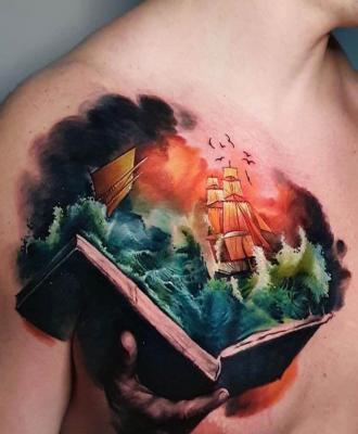 Tatuaż książka i statek