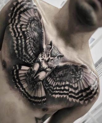 Tatuaż męski na klatce piersiowej sowa