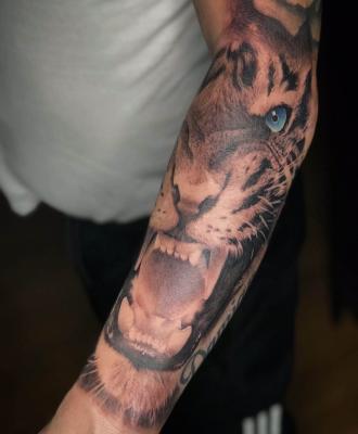 Tatuaż męski tygrys na ręce